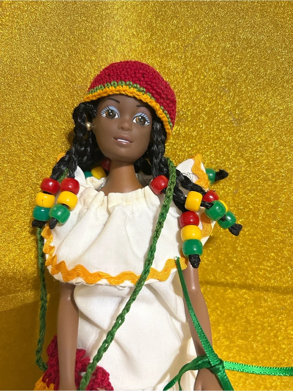 Vintage Handmade Jamaican Cultural Doll in Rastafarian colors. Plus a girls bag
